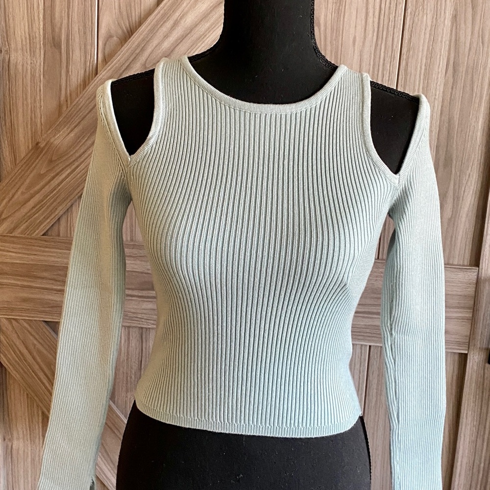 Commense Mint Green Cold-Shoulder Ribbed Long Sleeve Top